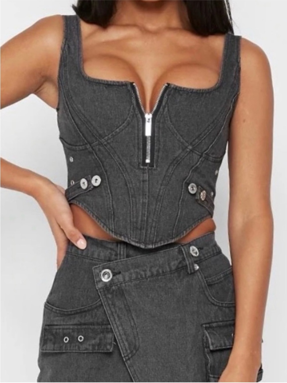Maniere De Voir Charcoal Zip Denim Corset Tank